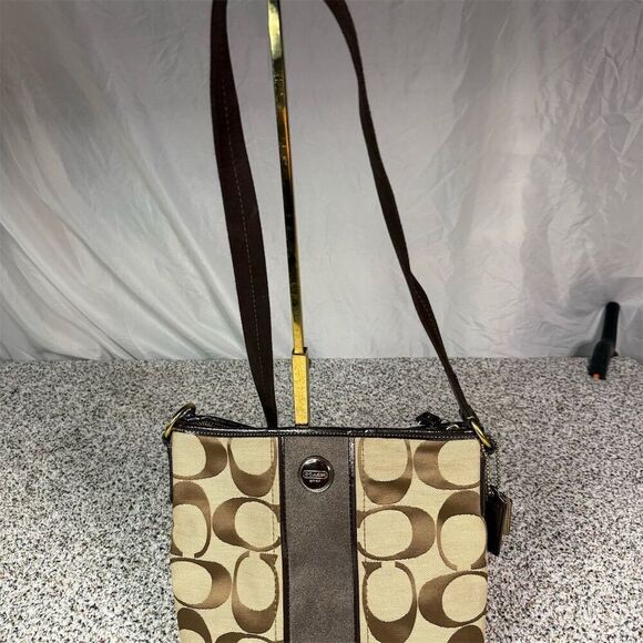 Coach Signature Stripe Demi Crossbody Bag Brown/Beige Women's Handbag - Picture 1 of 12